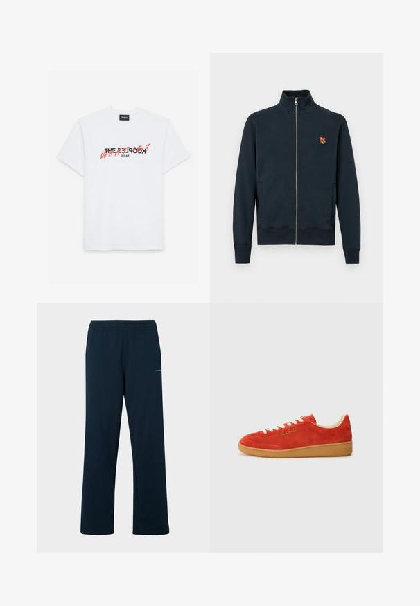 Marineblauwe zip-up jas met hoge kraag, voorzien van zijzakken en een klein geborduurd voslogo op de borst, gemaakt van zachte stof.; Witte katoenen T-shirt met korte mouwen, voorzien van een zwart en koraal grafisch ontwerp. De tekst luidt: "DE KOOPLES? WAT?" en "PARIJS."; Marineblauwe joggingbroek van zacht stof, met een elastische tailleband en een losse pasvorm. Geen zichtbare patronen of metalen details.; Rode suède sneaker met witte veters, tan rubberen zool en gouden branding aan de zijkant. Rond neus en laag profiel ontwerp.