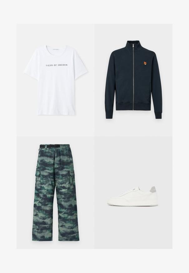 Chaqueta de navy con cremallera y cuello alto, que presenta bolsillos laterales y un pequeño logo bordado de un zorro en el pecho, fabricada con un material suave.; Camiseta blanca con cuello redondo y mangas cortas. Texto negro que dice "TIGER OF SWEDEN" centrado en la parte delantera. Textura de tela suave.; Pantalones cargo en un patrón de camuflaje que presenta tonos de verde oscuro, azul verdoso y negro. Diseño de pierna ancha con bolsillos laterales y cintura con cinturón.; Zapatilla blanca de corte bajo con pestaña en el talón gris, cordones blancos y suela texturizada, presentada sobre un fondo claro y liso.