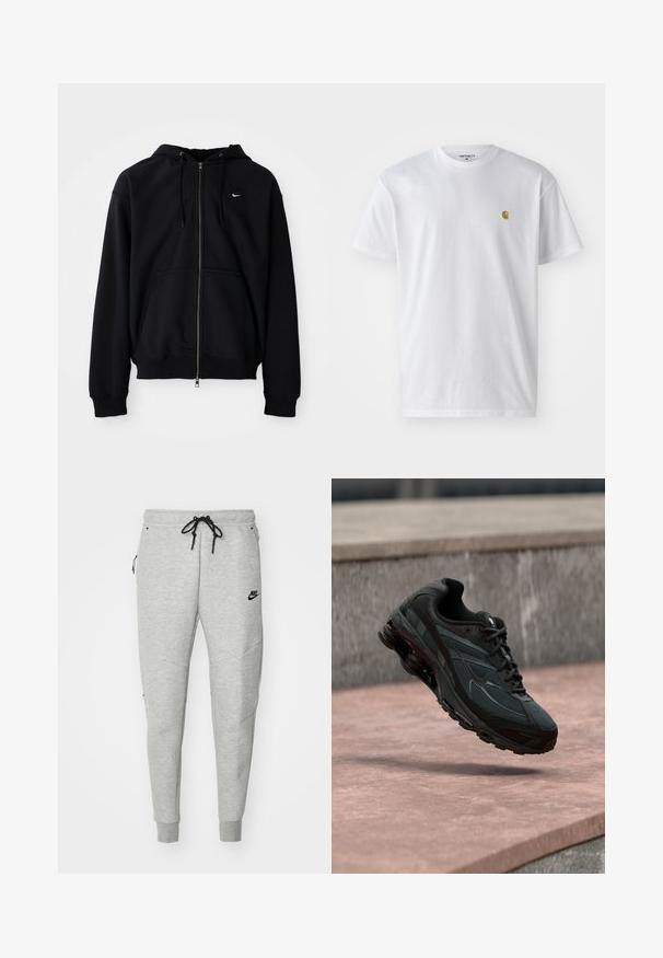Čierna mikina s kapucňou a celým zipsom, sťahovacími šnúrkami, prednými vreckami a malým bielym logom Nike na ľavej strane hrudníka, zobrazená na jednofarebnom pozadí.; Biele bavlnené tričko s krátkymi rukávmi, okrúhlym výstrihom, s malým zlatým logom na ľavej strane hrude. Mäkká textúra a normálny strih.; Šedé tepláky s hladkou textúrou, elastickým pásom, nastaviteľným čiernym šnúrkom, dvoma bočnými vreckami a malým čiernym logom.; Čierna atletická teniska s viditeľnou medzipodrážkou s air cushioning, ktorá visí nad ružovým kamenným povrchom s pozadím sivej kamennej steny.