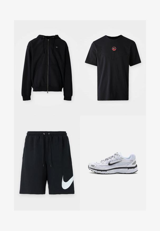 Čierna mikina s kapucňou a celým zipsom, sťahovacími šnúrkami, prednými vreckami a malým bielym logom Nike na ľavej strane hrudníka, zobrazená na jednofarebnom pozadí.; Čierne tričko s krátkym rukávom z bavlny, s červeno-bielym šesťuholníkovým logom Nike na hrudi a zaobleným výstrihom.; Čierne bavlnené šortky s elastickým pásom, šnúrkou, bočnými vreckami a veľkým bielym logom Nike potlačeným na ľavej strane.; Biele bežecké topánky s textilným zvrškom, zaoblenou špičkou, čiernymi akcentmi a vzorovanou podrážkou. Obsahujú šnurovanie a značku na boku.