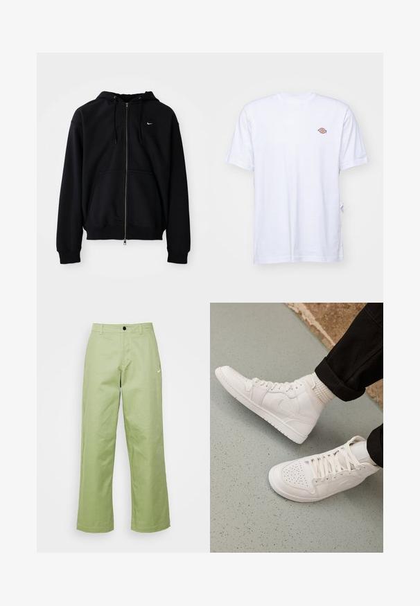 Čierna mikina s kapucňou a celým zipsom, sťahovacími šnúrkami, prednými vreckami a malým bielym logom Nike na ľavej strane hrudníka, zobrazená na jednofarebnom pozadí.; Biela bavlnená tričko s výstrihom do V a krátkymi rukávmi. Má malé farebne vyšívané logo na ľavej strane hrudi. Mäkká textúra.; Svetlozelené široké nohavice vyrobené z hladkej tkaniny so zapínaním na gombík, na prednej strane s malým logom Nike.; Biele vysoké tenisky vyrobené z hladkej kože s perforovaným špičkou, šnurovacím uzáverom a nenápadným logom na boku. Textúrovaná gumová podrážka.