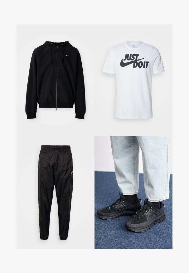 Čierna mikina s kapucňou a celým zipsom, sťahovacími šnúrkami, prednými vreckami a malým bielym logom Nike na ľavej strane hrudníka, zobrazená na jednofarebnom pozadí.; Biely bavlnený tričko s výrazným čiernym logom "Just Do It" a Nike swoosh. Klasický strih s okrúhlym výstrihom a krátkymi rukávmi.; Čierne tréningové nohavice vyrobené z ľahkého, lesklého materiálu s elastickým pásom, zúženým strihom a zipsovými vreckami. Obsahujú logo ako akcent.; Čierne športové topánky s textúrovanou tkaninou a gumovou podrážkou, so elastickými šnúrkami a modrým akcentom na päte. Nosia sa s svetlými riflami.