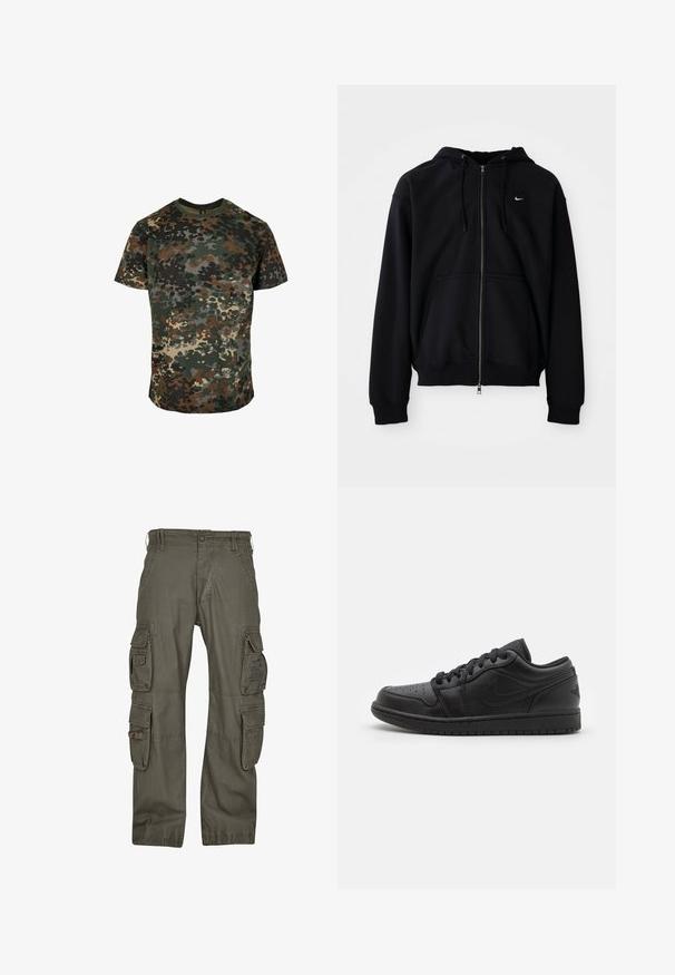 Schwarzer Kapuzenpullover mit durchgehendem Reißverschluss, Kapuze, Kordeln, Vordertaschen und kleinem weißem Nike-Logo auf der linken Brust, dargestellt vor einfarbigem Hintergrund.; Tarnfarbenes T-Shirt aus Baumwolle mit einem mehrfarbigen Muster in Grün, Braun und Schwarz. Rundhalsausschnitt und kurze Ärmel.; Cargo-Hosen aus olivgrünem Baumwollstoff, mit mehreren Seitentaschen, einem lockeren Schnitt und verstärkten Nähten für hohe Strapazierfähigkeit.; Schwarze Leder-Sneaker mit niedriger Schuhform, durchlöchtem Zehenbereich, flachen Schnürsenkeln, gepolstertem Kragen und strukturiertem Außensohlen. Mit einem dezenten Logo auf der Ferse.
