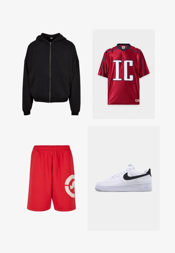 Haut à capuche zippé noir avec capuche, manches longues et deux poches avant. Fait en mélange de coton doux avec des poignets et un ourlet côtelés.; Maillot de sport rouge brillant à manches courtes avec de grandes lettres blanches "IC" bordées de noir à l'avant et des détails de finition bleu marine foncé.; Shorts rouges à taille élastique avec un grand cercle blanc et un motif silhouette de chien sur le bas de la jambe droite.; Sneaker en cuir blanc avec un Swoosh noir texturé, des lacets plats et une semelle en caoutchouc avec un motif strié. "AIR" est embossé sur le talon.