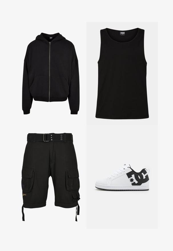 Haut à capuche zippé noir avec capuche, manches longues et deux poches avant. Fait en mélange de coton doux avec des poignets et un ourlet côtelés.; Débardeur noir en coton doux. Il présente un col rond et des emmanchures larges, sans motifs ni accents visibles.; Shorts cargo noirs en tissu durable, avec plusieurs poches latérales, une ceinture tressée et des liens latéraux réglables.; Baskets blanches avec un dessus synthétique lisse, ornées d'accents de logo noirs et d'une semelle en caoutchouc. Design à lacets, forme de bout arrondi.