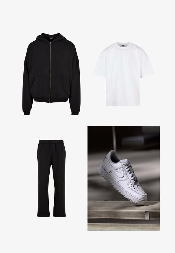 Sort zip-up hoodie med hætte, lange ærmer og to frontlommer. Fremstillet af blødt bomuldsblandingsstof med ribbede manchetter og kant.; Hvid kortærmet t-shirt med rund hals, lavet af bomuldsmateriale, der har en afslappet pasform og minimale syningsdetaljer.; Urban Classics Træningsbukser - black; Hvid læder Nike Air Force 1 sneaker med perforeret tå, flade snørebånd og tekstureret gummisål med "AIR" branding på siden.
