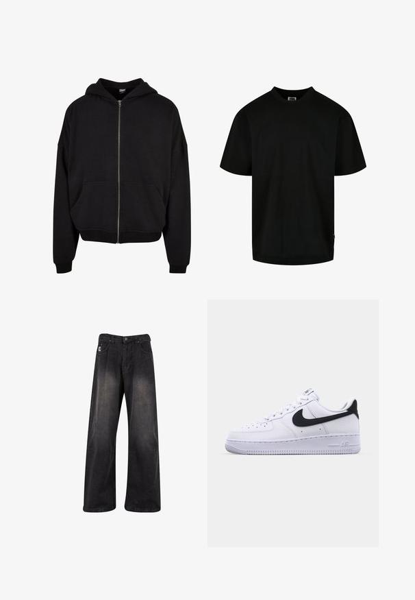 Sort zip-up hoodie med hætte, lange ærmer og to frontlommer. Fremstillet af blødt bomuldsblandingsstof med ribbede manchetter og kant.; Sort T-shirt lavet af bomuld, med rund halsudskæring og korte ærmer i en løs pasform. Enkel design, uden mønstre eller grafik.; Sorte bukser i denim med brede ben og en falmet finish, der har knaplukning, fem lommer og et mærke på fronten til venstre.; Hvide lædersneakers med en struktureret sort Swoosh, flade snørebånd og en gummisål med et rillemønster. "AIR" er præget på hælen.