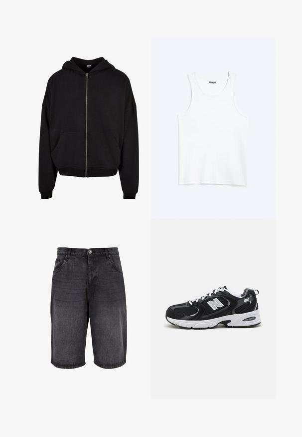 Haut à capuche zippé noir avec capuche, manches longues et deux poches avant. Fait en mélange de coton doux avec des poignets et un ourlet côtelés.; Débardeur blanc sans manches avec col rond et étiquette de la marque Weekday à l'intérieur du col arrière, présenté à plat sur un fond clair.; Shorts en denim noir avec une coupe décontractée, un design à cinq poches et une fermeture à bouton. Le tissu a une texture lisse avec un léger dégradé.; Baskets de sport noires et grises avec un tige en mesh et en suède, présentant une semelle intermédiaire blanche, des lacets et un logo "N" audacieux sur le côté.