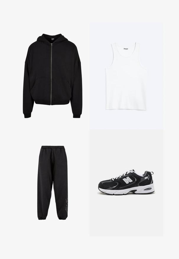 Sudadera negra con cremallera, con capucha, mangas largas y dos bolsillos frontales. Fabricada en una suave mezcla de algodón con puños y dobladillo acanalados.; Camiseta sin mangas blanca con cuello redondo y etiqueta de la marca Weekday en el interior del cuello trasero, mostrada plana sobre un fondo claro.; Pantalones de chándal negros hechos de una tela suave con una cintura elástica. Tobillos entallados y detalle de texto impreso en un lado. Corte casual y relajado.; Zapatillas deportivas en negro y gris con parte superior de malla y ante, que cuentan con una entresuela blanca, cordones y un llamativo logo "N" en el lateral.