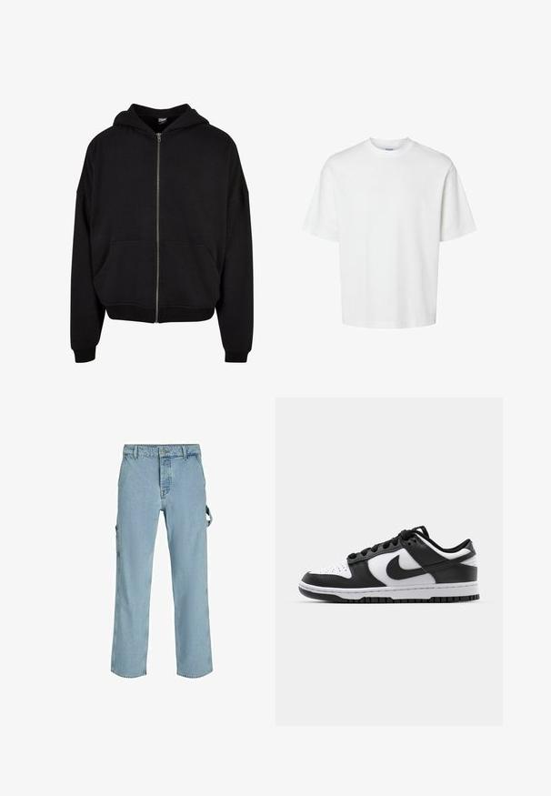 Schwarze Zip-Hoodie mit Kapuze, langen Ärmeln und zwei Fronttaschen. Hergestellt aus weichem Baumwollmischgewebe mit gerippten Bündchen und Saum.; Schlichtes weißes T-Shirt mit kurzen Ärmeln, Rundhalsausschnitt und lockerem Schnitt, abgebildet auf weißem Hintergrund.; Hellblaue Denim-Cargo-Hosen mit entspannter Passform, ausgestattet mit seitlichen Befestigungsschlaufen und Fronttaschen, die eine ausgewaschene Textur aufweisen.; Schwarze und weiße Nike Dunk Sneakers mit einem Obermaterial aus Leder, perforierter Zehenpartie, schwarzen Schnürsenkeln und einer schwarzen Gummisohle mit Profildesign.