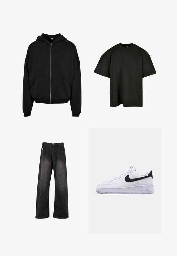 Schwarze Zip-Hoodie mit Kapuze, langen Ärmeln und zwei Fronttaschen. Hergestellt aus weichem Baumwollmischgewebe mit gerippten Bündchen und Saum.; Schwarzes, oversized T-Shirt aus weicher Baumwolle. Verfügt über einen runden Halsausschnitt und kurze Ärmel, mit einer glatten Textur und minimalistischem Design.; Schwarze, weit geschnittene Jeans mit verblasstem Finish, mit Knopfverschluss, fünf Taschen und einem markierten Patch auf der vorderen linken Seite.; Weißes Leder-Sneaker mit einem strukturierten schwarzen Swoosh, flachen Schnürsenkeln und einer Gummisohle mit genoppetem Muster. "AIR" ist auf der Ferse eingeprägt.