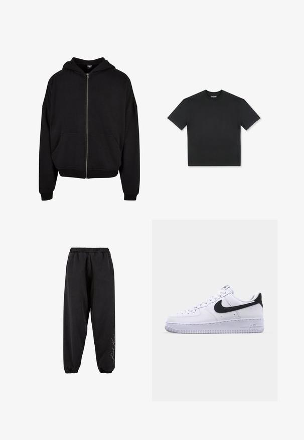 Sudadera negra con cremallera, con capucha, mangas largas y dos bolsillos frontales. Fabricada en una suave mezcla de algodón con puños y dobladillo acanalados.; Pegador LOGO BOXY TEE - Camiseta básica - black gum; Pantalones de chándal negros hechos de una tela suave con una cintura elástica. Tobillos entallados y detalle de texto impreso en un lado. Corte casual y relajado.; Zapatilla blanca de cuero con un Swoosh negro texturizado, cordones planos y una suela de goma con un patrón estriado. "AIR" está grabado en el talón.