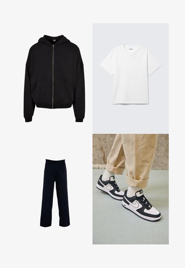 Sudadera negra con cremallera, con capucha, mangas largas y dos bolsillos frontales. Fabricada en una suave mezcla de algodón con puños y dobladillo acanalados.; Camiseta blanca de manga corta con cuello redondo, colocada plana, diseño liso, con etiqueta "WEEKDAY" en el interior del cuello sobre un fondo claro.; Pantalones oscuros de navy con un diseño de pierna recta, confeccionados con una tela suave, que cuentan con bolsillos laterales y una cintura clásica.; Zapatillas Nike Air Force 1 en blanco y negro con parte superior de cuero, puntera perforada y detalle de suela texturizada, combinadas con pantalones beiges remangados y calcetines blancos.
