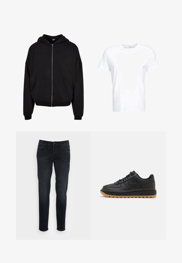 Zwarte zip-up hoodie met een capuchon, lange mouwen en twee voorzakken. Gemaakt van een zachte katoenmix met ribgebreide cuffs en zoom.; Witte katoenen t-shirt met een ronde hals en korte mouwen, in een klassiek model met een gladde textuur. Geen patronen of hardware zichtbaar.; Donkerblauwe slim-fit denim jeans met een knoopsluiting aan de voorkant en vijf zakken, weergegeven tegen een effen witte achtergrond.; Zwarte leren sneaker met textuur, ronde neus, geperforeerde details en een gumrubberen zool. Heeft contrasterende gele stiksels en logo.