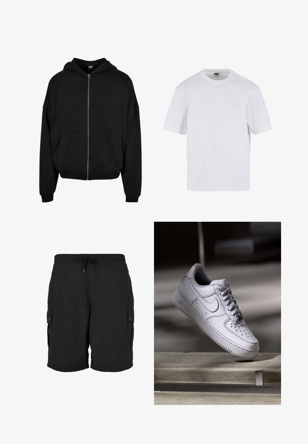 Sort zip-up hoodie med hætte, lange ærmer og to frontlommer. Fremstillet af blødt bomuldsblandingsstof med ribbede manchetter og kant.; Hvid kortærmet t-shirt lavet af bomuld. Har en rund halsudskæring og en afslappet pasform. Glat tekstur, minimalistisk design, ingen mønstre eller accenter.; Sorte cargoshorts med elastisk talje, justerbar snøre og knaplukning på sidelommerne.; Hvid læder Nike Air Force 1 sneaker med perforeret tå, flade snørebånd og tekstureret gummisål med "AIR" branding på siden.