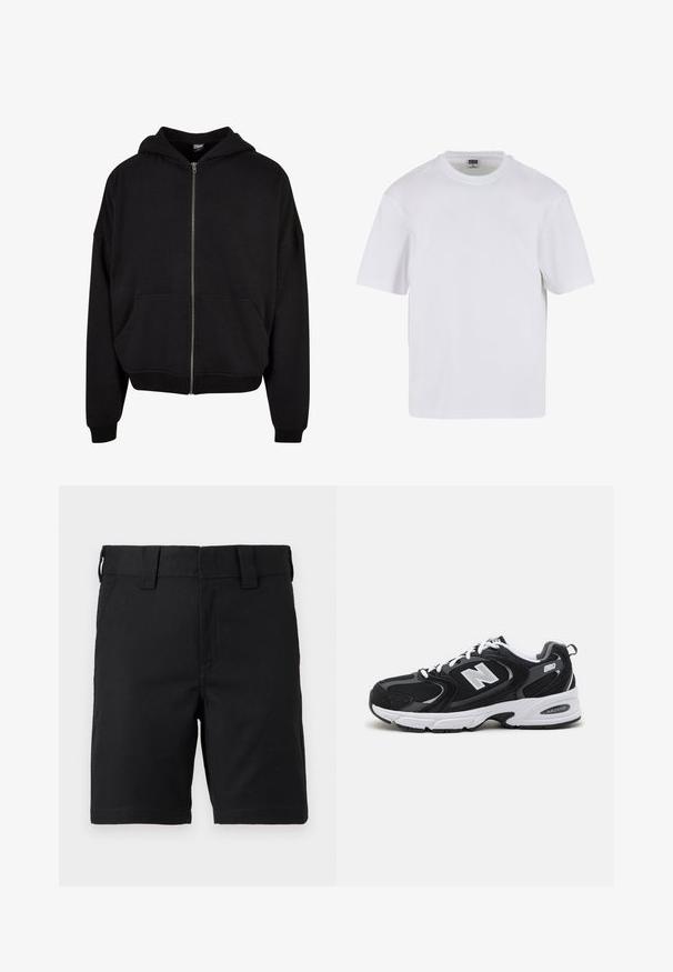 Sudadera negra con cremallera, con capucha, mangas largas y dos bolsillos frontales. Fabricada en una suave mezcla de algodón con puños y dobladillo acanalados.; Camiseta blanca de manga corta hecha de algodón. Presenta un cuello redondo y un ajuste holgado. Textura suave, diseño minimalista, sin patrones ni adornos.; Pantalones cortos negros hasta la rodilla con trabillas para cinturón y bolsillos frontales, hechos de tela resistente, mostrados sobre un fondo blanco.; Zapatillas deportivas en negro y gris con parte superior de malla y ante, que cuentan con una entresuela blanca, cordones y un llamativo logo "N" en el lateral.