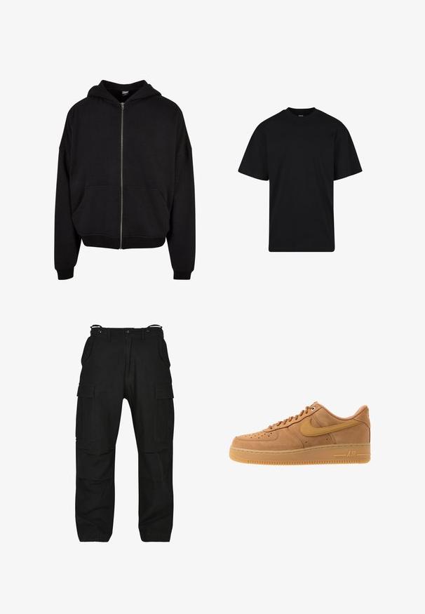 Zwarte zip-up hoodie met een capuchon, lange mouwen en twee voorzakken. Gemaakt van een zachte katoenmix met ribgebreide cuffs en zoom.; Zwarte T-shirt met korte mouwen en ronde hals, een ontspannen pasvorm, eenvoudig ontwerp zonder zichtbare logo's of patronen.; Zwarte cargo broek van stevig materiaal. Beschikt over meerdere zakken, een ontspannen pasvorm en een ritssluiting met knoop. Verstevigde stiksels op de naden.; Nike Sportswear AIR FORCE 1 07 - Sneakers laag - flax/wheat/light brown/black/team gold