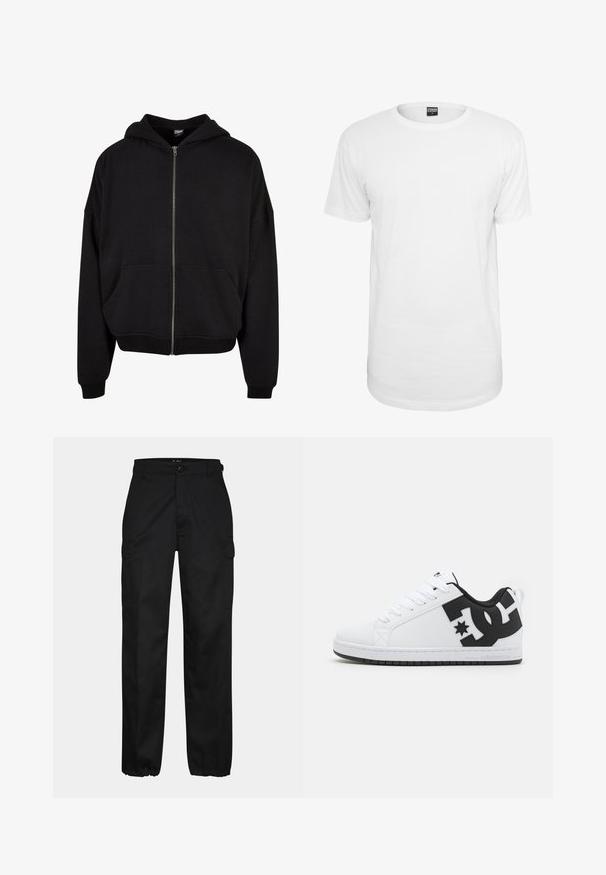 Sort zip-up hoodie med hætte, lange ærmer og to frontlommer. Fremstillet af blødt bomuldsblandingsstof med ribbede manchetter og kant.; Hvid kortærmet t-shirt lavet af bomuld, med en klassisk rund halsudskæring, en afslappet pasform og uden synlige mønstre eller logoer.; Sorte cargo bukser med lige pasform, der har sidelommer, knaplukning og elastiske manchetter ved anklerne. Fremstillet af slidstærkt stof.; Hvide atletiske sko med en glat syntetisk overdel, der har sorte logo-detaljer og en gummisål. Snørebåndsdesign, med afrundet tåform.