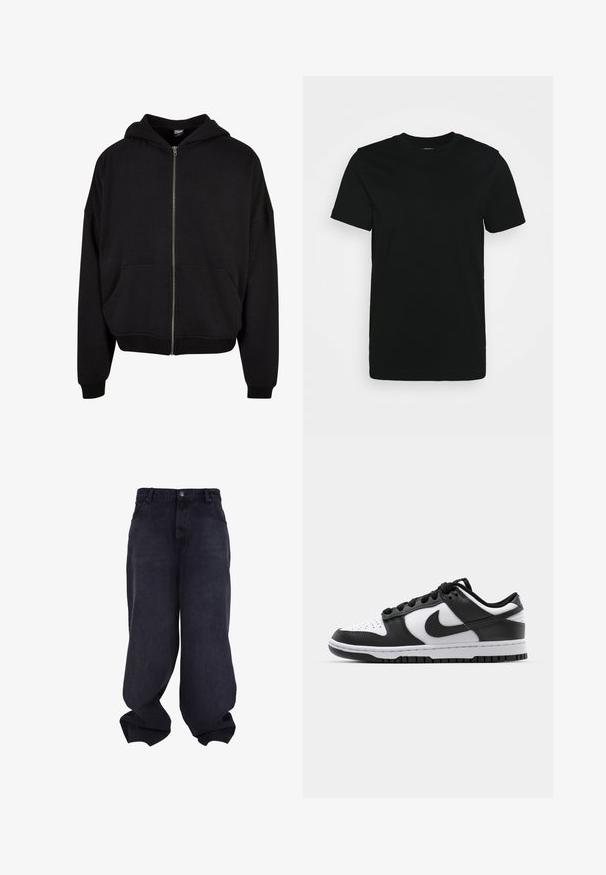 Sort zip-up hoodie med hætte, lange ærmer og to frontlommer. Fremstillet af blødt bomuldsblandingsstof med ribbede manchetter og kant.; Sort kortærmet T-shirt lavet af glat bomuldsstoff, med rund halsudskæring og et enkelt design uden mønstre eller accenter.; Sorte oversized løstsiddende jeans med knap- og lynlåsfrontlukning, forlommer og løse, brede ben.; Sort og hvid Nike Dunk sneakers med læderoverdel, perforeret tå, sorte snørebånd og en sort gummisål med slidbanedesign.