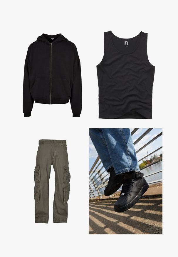 Sort zip-up hoodie med hætte, lange ærmer og to frontlommer. Fremstillet af blødt bomuldsblandingsstof med ribbede manchetter og kant.; Sort tank top lavet af glat stof med rund halsudskæring og ærmehuller, med et enkelt design uden synlige mønstre eller detaljer.; Cargo bukser lavet af olivengrønt bomuld, med flere sidelommer, en afslappet pasform og forstærkede syninger for holdbarhed.; Sorte Nike Air Force 1 sneakers med læderoverdel, mesh-tunge og gummisål, der har et høj-top design og tykke snørebånd.