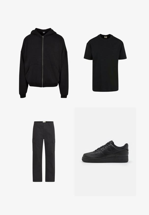 Haut à capuche zippé noir avec capuche, manches longues et deux poches avant. Fait en mélange de coton doux avec des poignets et un ourlet côtelés.; Urban Classics SHORTSLEEVE - T-shirt basique - black; Pantalon cargo noir à jambes droites avec poches à rabat sur les côtés et fermeture avant par bouton et fermeture éclair, présenté sur un fond blanc.; Nike Sportswear AIR FORCE 1 07 FLYEASE - Baskets basses - black