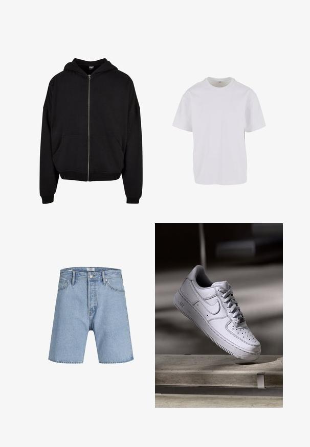 Haut à capuche zippé noir avec capuche, manches longues et deux poches avant. Fait en mélange de coton doux avec des poignets et un ourlet côtelés.; T-shirt blanc à manches courtes en coton doux, avec un col rond et une coupe décontractée à ourlet droit. Aucun motif ni accent visible.; Jack & Jones ITONY ORIGINAL - Short en jean - blue denim; La basket Nike Air Force 1 en cuir blanc présente un embout perforé, des lacets plats et une semelle en caoutchouc texturée avec le logo « AIR » sur le côté.
