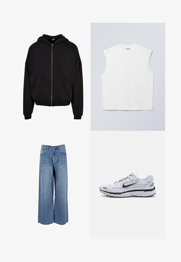Zwarte zip-up hoodie met een capuchon, lange mouwen en twee voorzakken. Gemaakt van een zachte katoenmix met ribgebreide cuffs en zoom.; Wit mouwloos katoenen top met ronde hals en gestructureerde schouders, met het merk "WEEKDAY" op het label in de kraag, afgebeeld op een lichtgrijze achtergrond.; Brede blauwe denim jeans met een hoge taille, frontzakken en gestikte details op de benen. Gelaagd, vervaagd uiterlijk met een relaxed fit.; Witte hardloopschoen met een bovenkant van mesh, ronde neus, zwarte accenten en een geëtst zool. Kenmerken van veters en branding aan de zijkant.