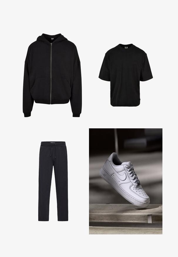 Haut à capuche zippé noir avec capuche, manches longues et deux poches avant. Fait en mélange de coton doux avec des poignets et un ourlet côtelés.; T-shirt noir à manches courtes en coton doux. Il présente un col rond, une coupe décontractée et un ourlet incurvé pour un confort supplémentaire.; Pantalon de survêtement noir en coton doux. Il présente une taille élastique avec un cordon de serrage et une coupe droite.; La basket Nike Air Force 1 en cuir blanc présente un embout perforé, des lacets plats et une semelle en caoutchouc texturée avec le logo « AIR » sur le côté.