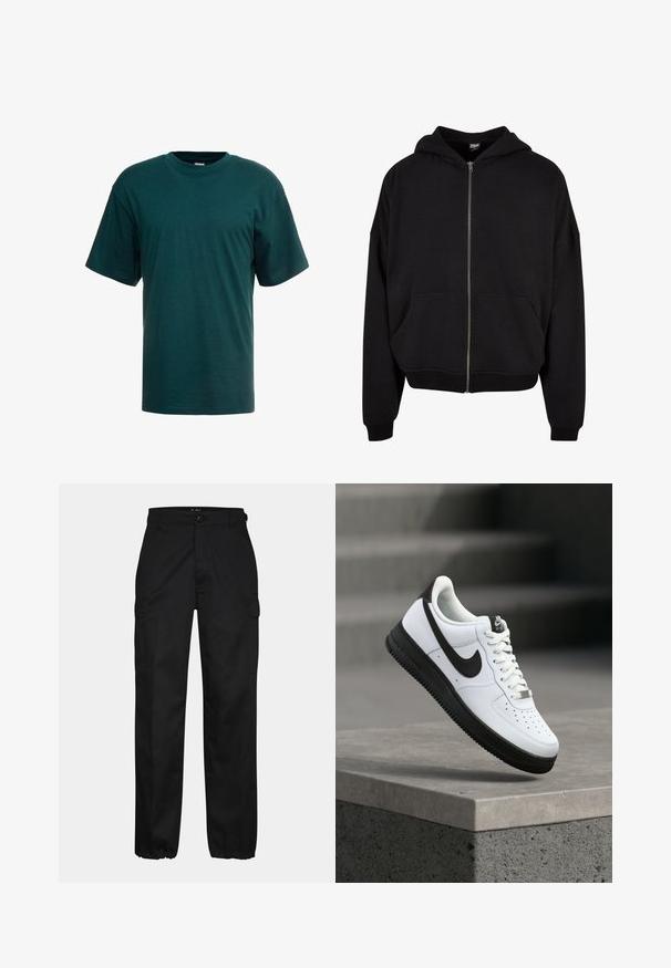 Sudadera negra con cremallera, con capucha, mangas largas y dos bolsillos frontales. Fabricada en una suave mezcla de algodón con puños y dobladillo acanalados.; Camiseta de algodón verde oscuro con mangas cortas, escote redondo y un corte relajado. Textura suave sin patrones o acentos visibles.; Pantalones cargo negros con corte recto, con bolsillos laterales, cierre de botón y puños elásticos en los tobillos. Fabricados con material resistente.; Zapatilla deportiva de cuero blanco con detalles en negro, punta redondeada y detalles perforados. Suela de goma negra con patrón texturizado y cierre de cordones.