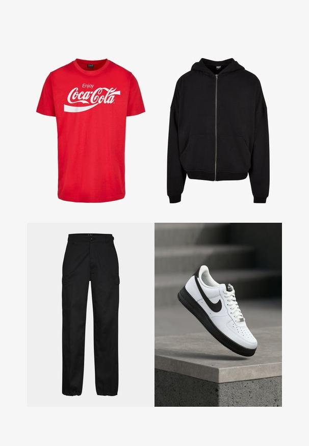 Zwarte zip-up hoodie met een capuchon, lange mouwen en twee voorzakken. Gemaakt van een zachte katoenmix met ribgebreide cuffs en zoom.; Rode katoenen T-shirt met korte mouwen, voorzien van een witte "Coca-Cola"-logo en een golvend ontwerp op de borst. Klassieke ronde halsstijl.; Zwarte cargobroek met een rechte pasvorm, voorzien van zijzakken, een knoopsluiting en elastische boorden bij de enkels. Gemaakt van duurzaam materiaal.; Witte leren sneaker met zwarte accenten, afgeronde neus en geperforeerde details. Zwarte rubberen zool met een gestructureerd patroon en vetersluiting.