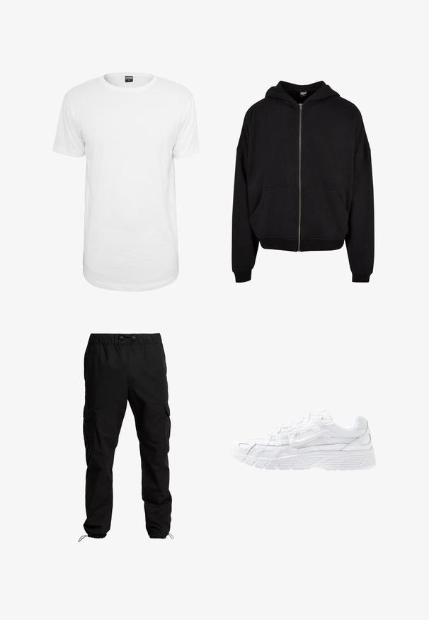 Haut à capuche zippé noir avec capuche, manches longues et deux poches avant. Fait en mélange de coton doux avec des poignets et un ourlet côtelés.; T-shirt blanc à manches courtes en coton, avec un col rond classique, une coupe décontractée et sans motifs ni logos visibles.; Pantalons cargo noirs en tissu durable, dotés d'une taille élastique, de cordons de serrage ajustables et de poches latérales avec fermetures à rabat.; Nike Sportswear P 6000 - Baskets basses - white/platinum tint