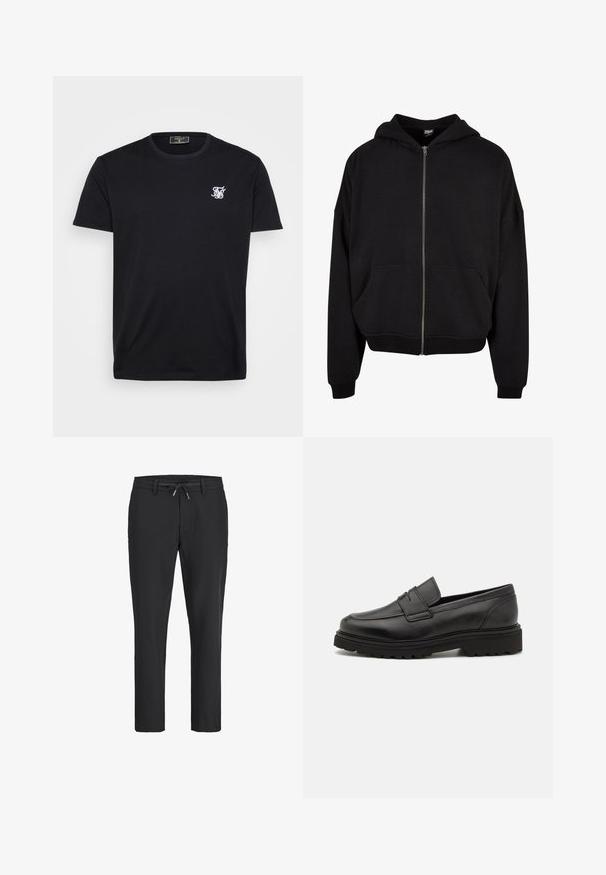 Sort zip-up hoodie med hætte, lange ærmer og to frontlommer. Fremstillet af blødt bomuldsblandingsstof med ribbede manchetter og kant.; Sort bomulds t-shirt med korte ærmer, rund halsudskæring og et lille hvidt broderet logo på venstre bryst. En simpel og klassisk design.; Sorte, afslappede bukser med elastisk taljebånd og justerbar snøre, lige ben pasform og bæltestropper.; Sort læder loafersko med rund tå, syningsdetaljer og en tyk, struktureret sål. Har et elegant, minimalistisk design.