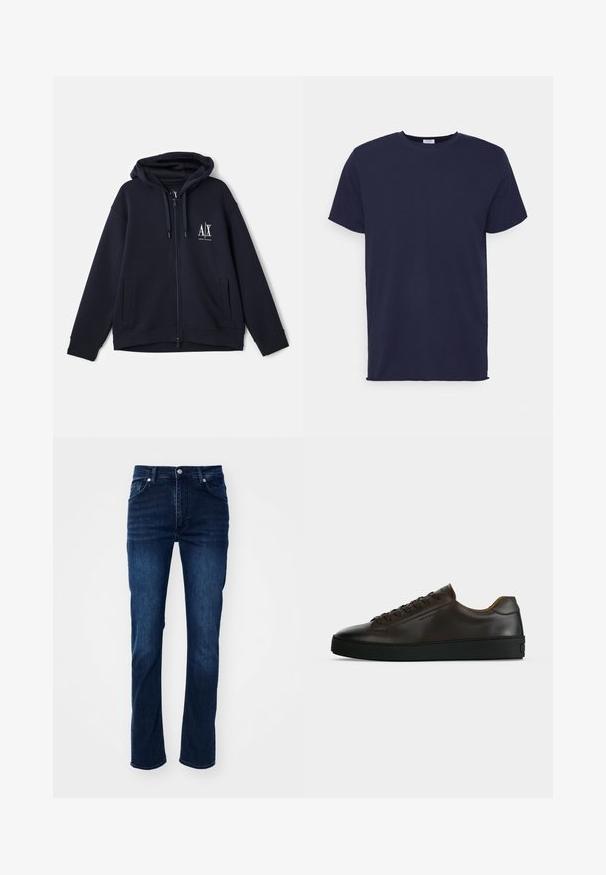 Marineblaues Zip-Hoodie aus weichem Stoff, mit einem Logo auf der Vorderseite, zwei seitlichen Taschen und einer verstellbaren Kapuze mit Kordelzug. Entspanntes Design.; Marineblaues T-Shirt mit kurzen Ärmeln aus weichem Stoff. Es hat einen Rundhalsausschnitt und einen geraden Schnitt ohne Muster oder Akzente.; Dunkelblaue Jeans aus Denim im geraden Schnitt, mit einem klassischen Fünf-Taschen-Design und dezenten Nähdetails.; Flach geschnittener dunkelbrauner Ledersneaker mit schwarzer Gummisohle, Schnürung vorne und schlicht-minimalistischem Design auf hellem Hintergrund.
