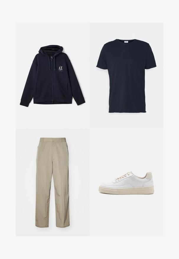 Navy zip-up huppari pehmeästä kankaasta, jossa on etulogo, kaksi sivutaskua ja säädettävä nyörihuppu. Rentomallinen muotoilu.; Navy sininen puuvillatee-paita, jossa on pyöreä kaula-aukko ja lyhyet hihat, sileä pinta ja yksinkertainen muotoilu, ei näkyviä kuvioita tai yksityiskohtia.; Beige kevyet housut rentoa istuvuutta, joissa on elastinen vyötärö ja sivutaskut. Kangas näyttää teksturoidulta ja hieman ryppyiseltä.; Valkoiset sneakerit, joissa on sileä nahkapinta, beige nauhat ja teksturoitu beige mokkanahkakanta. Kohotettu pohja lisää korkeutta.