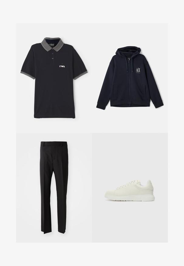 Marineblå zip-up hættetrøje i blødt stof, med et frontlogo, to sidelommer og en justerbar snoretrækshætte. Afslappet pasform.; Marineblå polo skjorte lavet af bomuld med en stribet krave. Har tre knapper, korte ærmer og et logo på venstre bryst.; Sorte bukser med lige pasform, lavet af glat stof, med en talje der har bæltestropper og sidelommer. Ingen synlige mønstre eller detaljer.; Hvide lædersneakers med struktureret overdel, rund tå, flad hvid sål og tonede snørebånd. Subtil branding på tungen.