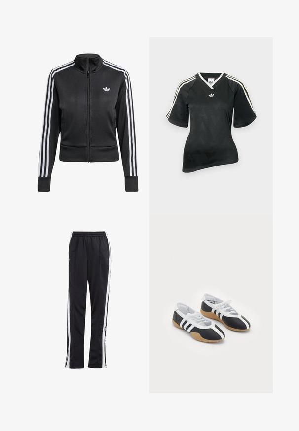 Schwarze Sportjacke mit Reißverschluss und weißem Adidas-Trefoil-Logo auf der Brust sowie weißen drei Streifen entlang der Ärmel.; Schwarzes Sportshirt mit V-Ausschnitt, kurzen Ärmeln und strukturiertem Chevron-Muster. Mit weißen drei-Streifen-Akzenten auf den Schultern und Logo.; Schwarze Jogginghose mit weißen Seitenstreifen, elastischem Bund und einem Logo-Patch. Hergestellt aus glattem, leichtem Stoff. Gerades Bein-Design.; Schwarz-weiße Sportschuhe mit einem eleganten Design, Gummisohle, Schnürverschluss und drei weißen Streifen an den Seiten.