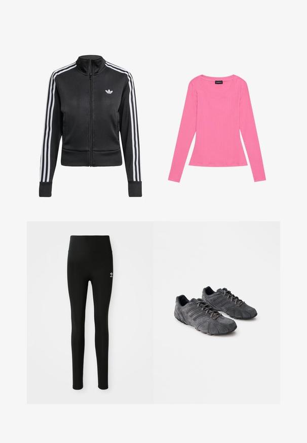 Schwarze Sportjacke mit Reißverschluss und weißem Adidas-Trefoil-Logo auf der Brust sowie weißen drei Streifen entlang der Ärmel.; Langärmliges geripptes Oberteil in leuchtendem Pink, mit weitem Rundhalsausschnitt und taillierter Silhouette. Der Stoff ist glatt mit einer subtilen Textur.; Schwarze Leggings aus dehnbarem Material mit hohem Bund, ausgestattet mit einem kleinen weißen Adidas-Logo am linken Bein. Glatte Textur.; Schwarze Wildledersportschuhe mit einer strukturierten Oberfläche, geschwungenem Design und Gummisohlen. Mit Schnürsenkeln und horizontalen Streifen an den Seiten.