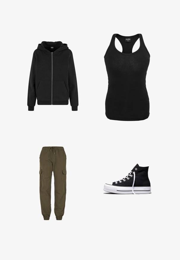 Sweat à capuche zippé noir avec poches avant, poignets et ourlet côtelés, et capuche attachée sur fond blanc.; Débardeur noir en tissu doux, avec un design dos nageur et une coupe ajustée. Texture lisse sans motifs ni éléments métalliques visibles.; Pantalon cargo vert olive avec taille et poignets élastiques, doté de poches latérales à rabat et d'une coupe décontractée.; Baskets montantes en toile noire avec semelle en caoutchouc blanche et lacets blancs, vues de côté sur un fond blanc.