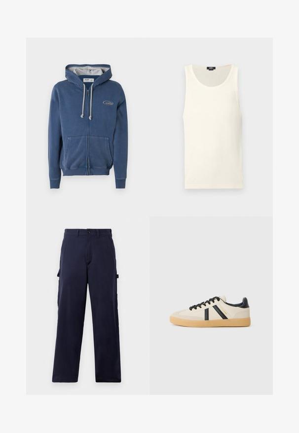 Sudadera con capucha azul con cremallera, hecha de material suave. Cuenta con una capucha forrada en gris, bolsillos delanteros y un pequeño parche con el logo en el pecho.; Camiseta sin mangas blanca de algodón con textura acanalada, escote redondeado y sin mangas. Presenta una pequeña etiqueta con el logo en la parte inferior izquierda.; Pantalones rectos de color azul marino con pasadores para cinturón, cierre delantero con botón y bolsillos laterales para herramientas, exhibidos sobre un fondo blanco.; Zapatillas casuales en crema con rayas negras, con parte superior texturizada y suela de goma. Los cordones son negros. Logo sutil en el costado.