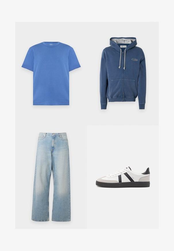 Sweat à capuche zippé bleu en matière douce. Comprend une capuche doublée gris, des poches avant et un petit écusson logo sur la poitrine.; T-shirt bleu uni à manches courtes et col rond, coupe régulière, présenté sur fond blanc.; Jeans larges bleu clair en denim, dotés d'une taille haute, de poches avant et d'un délavage avec un léger usure au niveau des cuisses.; Baskets blanches avec des accents noirs et gris, présentant un embout texturé gris, une semelle en caoutchouc noir et des lacets plats blancs. Design épuré, style minimaliste.