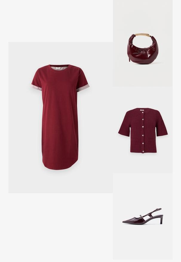 Bordeaux korte mouwen cardigan met een textuur breisel ontwerp, ronde hals, zilveren knopen en twee voorzakken.; Bordeaux t-shirt jurk van katoen met korte mouwen en grijze patroondetails op de mouwen. Heeft een ronde halslijn en een rechte snit.; Bordeaux lakleren slingback schoen met spitse neus, lage hak en dubbele verstelbare gespsluitingen.; Bordeaux neplederen handtas met een ronde vorm, geplooide details en een handgreep van goudkleurig metaal. Gladde textuur en glanzende afwerking.