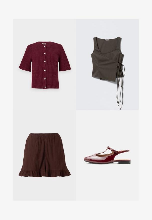 Cardigan bordeaux à manches courtes avec un design en mailles texturées, col rond, boutons argentés et deux poches avant.; Haut cache-cœur sans manches couleur olive foncée avec ourlet asymétrique et longues ficelles latérales sur fond clair.; Shorts en tissu brun texturé avec ceinture élastique et ourlets volantés sur un fond uni clair.; Chaussure slingback bordeaux brillante à talon bas, bride en T avec bout pointu et boucle ajustable sur fond blanc uni.