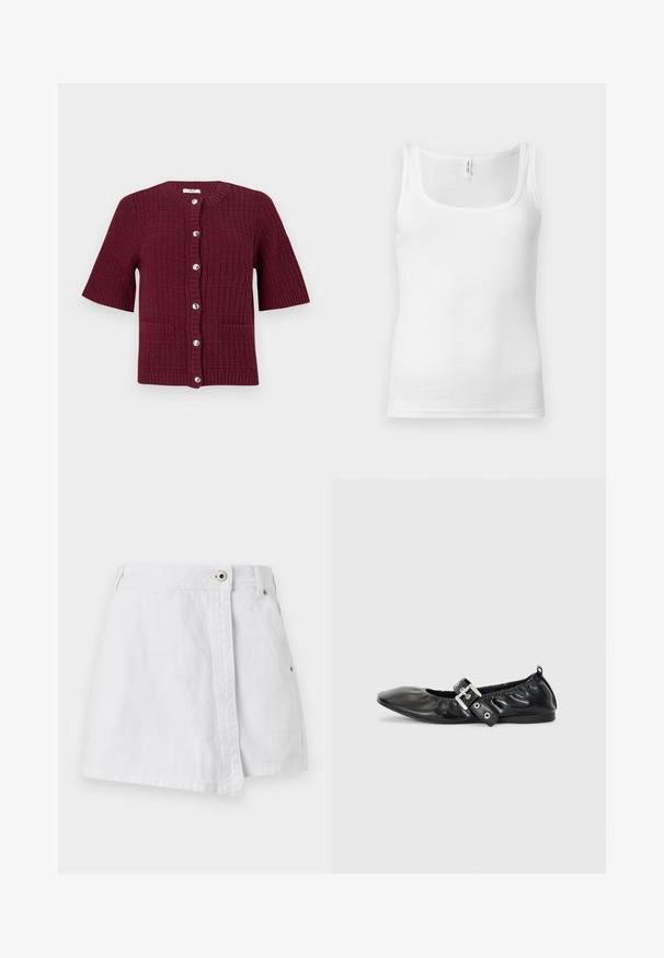 Bordeaux kortærmet cardigan med et struktureret strikdesign, rund hals, sølvknapper og to frontlommer.; Hvid bomuldstanktop med rund halsudskæring, smalle skulderstropper og tætsiddende design. Glat tekstur og minimalistisk stil.; Hvid denim mini skirt med knaplukning foran, lige snit og diskret syning. Har en ren, glat tekstur.; Sorte læder flade sko med spids tå, samling detaljer omkring åbningen, og en sølv spænde accent på den justerbare rem.