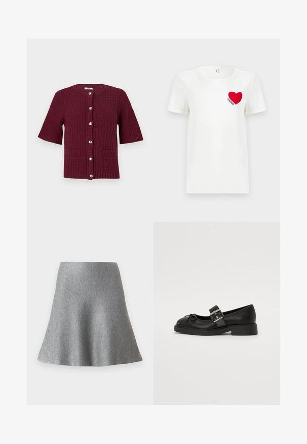 Bordeaux kortærmet cardigan med et struktureret strikdesign, rund hals, sølvknapper og to frontlommer.; Hvid T-shirt med korte ærmer, prydet med et rødt hjerte og ordet "AMOUR" trykt på venstre bryst.; Grå flared nederdel lavet af blødt stof med en glat tekstur, der har en bred taljebånd og en afslappet pasform, som udvider sig mod kanten.; Sort læder Mary Jane-sko med rund tå, ankelrem og sølv spænde detalje. Har en flad, chunky sål og en sløjfe akcent.