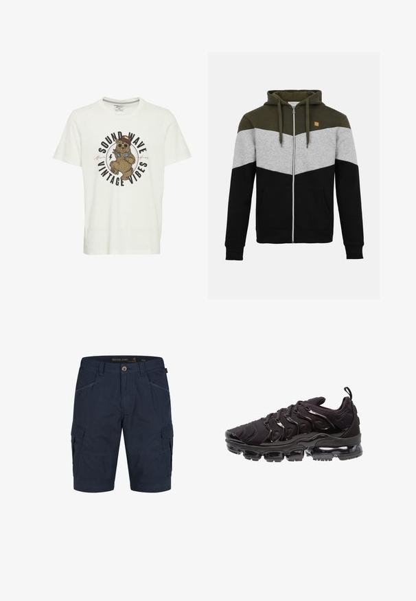 Heren zip-up hoodie met olijfgroene capuchon, grijs middenstuk, zwart onderste deel, voorzakken en trekkoorden.; Witte katoen T-shirt met een grafiek van een beer in een zonnebril en een hoed, met de tekst "SOUND WAVE VINTAGE VIBES" in vette letters.; Marine cargoshorts gemaakt van duurzaam weefsel, met zijzakken, een knoopsluiting en een recht gesneden ontwerp.; Zwarte sportieve schoenen met een gestructureerde stoffen bovenkant, glanzende accenten en een opvallende luchtkussenzool. Bevat duidelijke golfachtige designelementen.