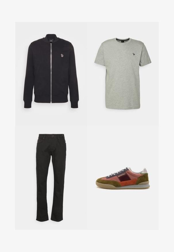 Čierna mikina na zips s rebrovaným golierom a manžetami, vyrobená z jemného materiálu, s malým vyšitým logom na ľavom prsnom vrecku.; PS Paul Smith MENS SLIM FIT ZEBRA - Základné tričko - grey; JOOP! Jeans MITCH - Džínsy s rovným strihom - black; PS Paul Smith DOVER - Tenisky - pink