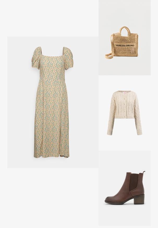 Beige gebreid vest met kabelpatronen, ronde hals, lange mouwen, geribde manchetten en vijf bijpassende knopen aan de voorkant.; Even&Odd by Zalando Jurk - green/pink; Bruine leren enkellaars met een gladde afwerking, elastische zijpanelen, een ronde neus en een gematigde houten hak.; Beige handtas van geweven materiaal met twee handvatten, lange riem, opengeweven ontwerp en "VANESSA BRUNO" in zwarte letters geborduurd aan de voorkant.