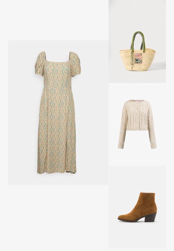 Beige gebreid vest met kabelpatronen, ronde hals, lange mouwen, geribde manchetten en vijf bijpassende knopen aan de voorkant.; Even&Odd Jurk - green/pink; Bruine suède enkellaars met een spitse neus en een gestapelde hak. Gladde textuur met een zijrits voor de sluiting. Klassiek ontwerp en vorm.; Geweven beige strooien tas met gevlochten groene en zwarte handvatten en een kleurrijke rechthoekige patch aan de voorkant.