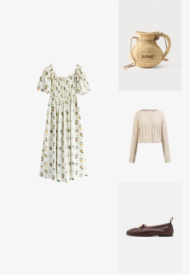 Beige gebreid vest met kabelpatronen, ronde hals, lange mouwen, geribde manchetten en vijf bijpassende knopen aan de voorkant.; Witte midi-jurk met pofmouwen, geplooide lijfje en bloemenprint met gele en rode bloemen en groene bladeren.; ALOHAS ROSALIND BALLET FLATS - Ballerina's - brown; Ronde gevlochten strohandtas met een handvat van touw en "ALEMAIS" geborduurd aan de zijkant in bruine draad.