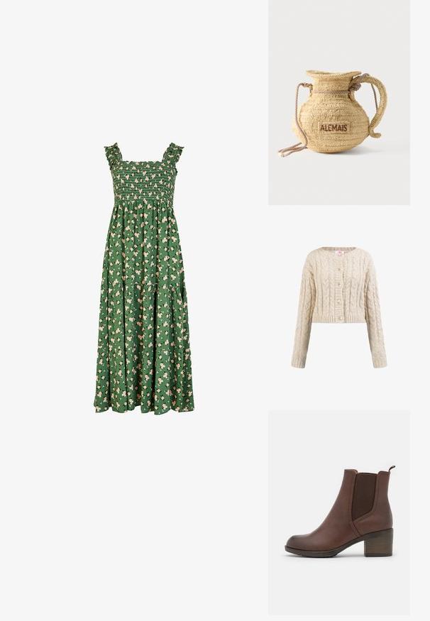 Beige gebreid vest met kabelpatronen, ronde hals, lange mouwen, geribde manchetten en vijf bijpassende knopen aan de voorkant.; Groene maxi-jurk met een gesmokte jurk bovenkant, geschulpte schouderbanden en een bloemenpatroon met lichtroze bloemen. Inclusief een tiered rok ontwerp.; Bruine leren enkellaars met een gladde afwerking, elastische zijpanelen, een ronde neus en een gematigde houten hak.; Ronde gevlochten strohandtas met een handvat van touw en "ALEMAIS" geborduurd aan de zijkant in bruine draad.